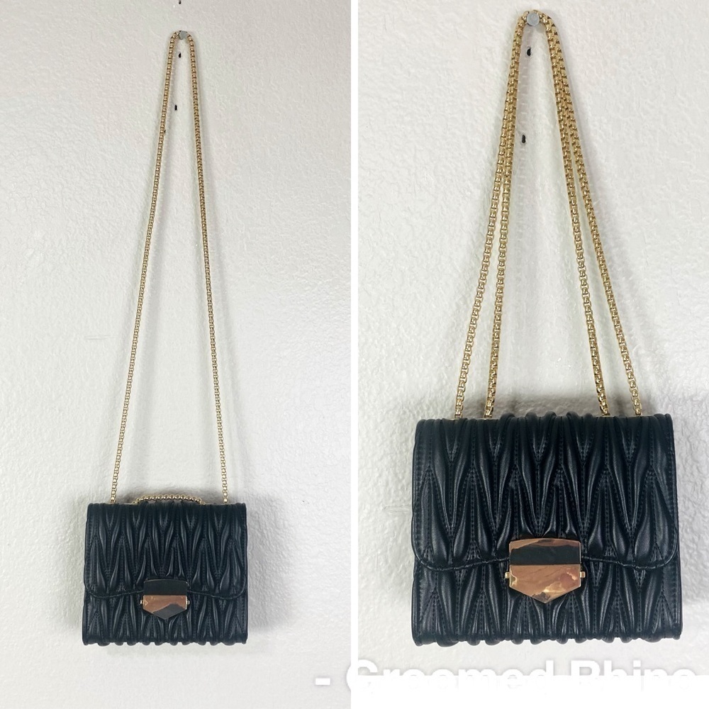 Black Quilted Pleather Shoulder Bag W/ Gold Chain Handle Size 6” x 7.5” x 3”
